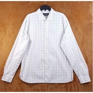 BLOOMINGDALES Mens Shirt LARGE White Plaid Button Business Casual Collar…XL